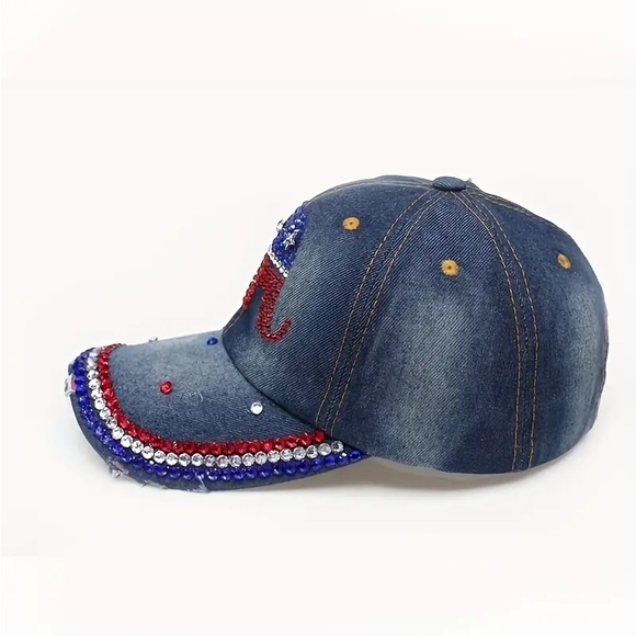 🇺🇸Stylish Blingy Slightly Distressed Rhinestone Republican Elephant Denim Cap! - Picture 4 of 6